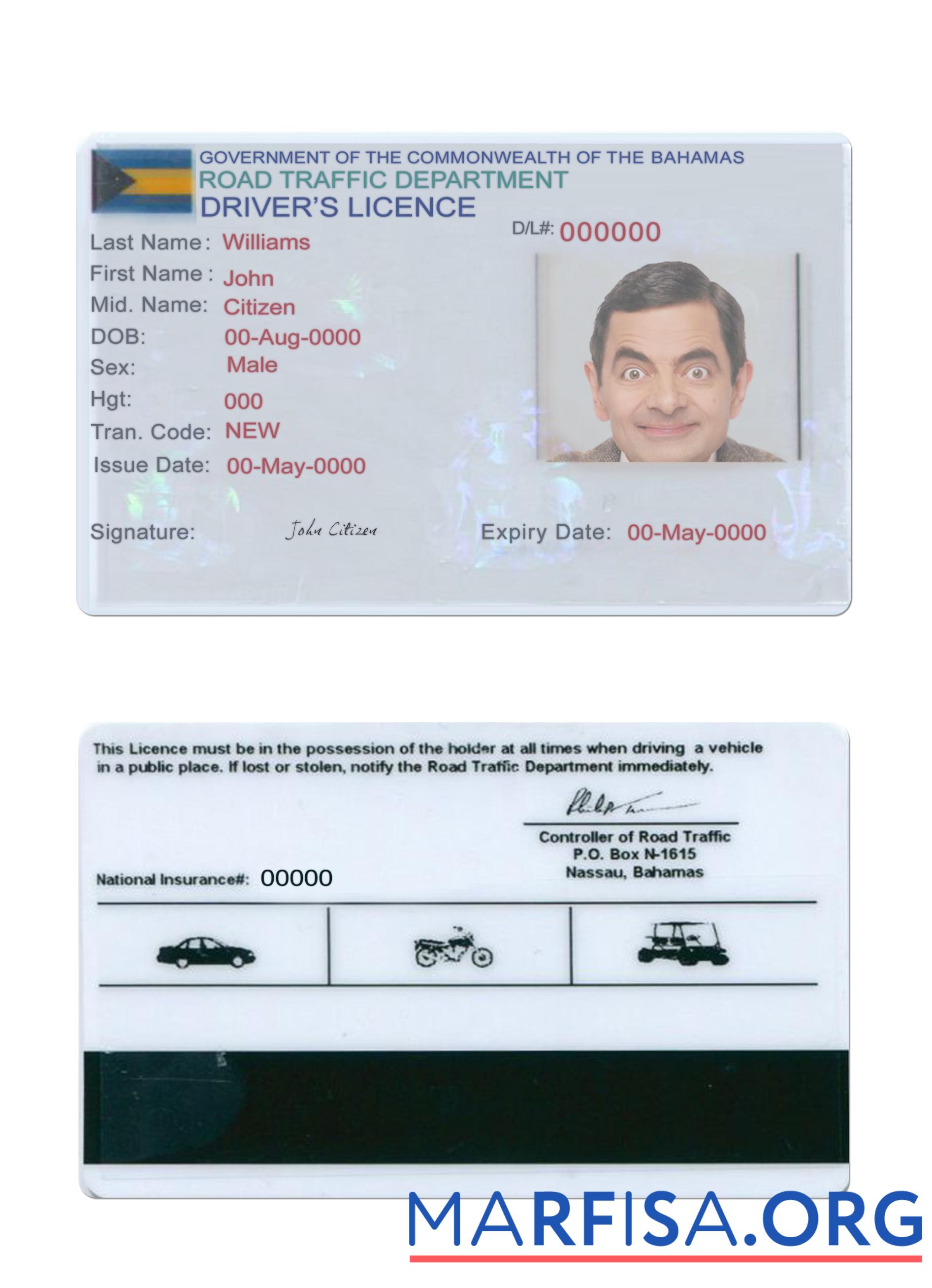 Realistic Bahamas driving license sample